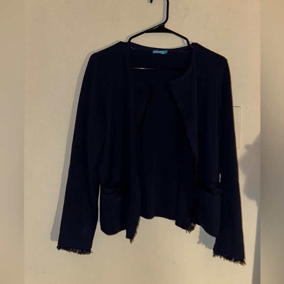 J. McLaughlin women’s blue fringe detail open sweater cardigan M fall office - Picture 4 of 8